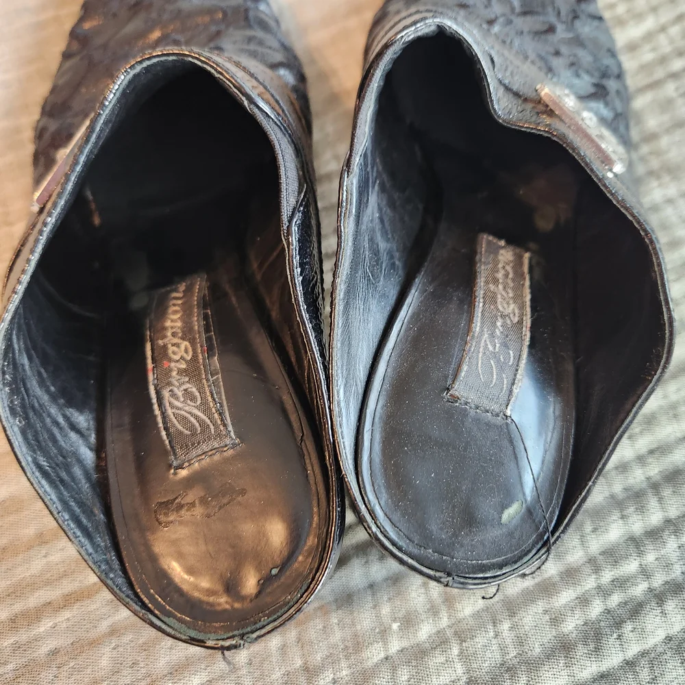 Brighton Black Leather Mules Size 6.5  Heeled Embroidered Buckle Square Toe - Picture 4 of 13